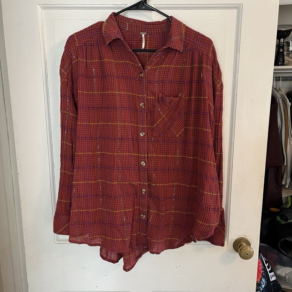 Free People XS Plaid Button Down Shirt Western Boho Grunge Top Gauzy Cotton